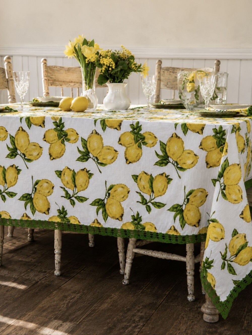 April Cornell Tablecloth 60x120  100% Cotton Lemon Provencal Green Crochet NEW